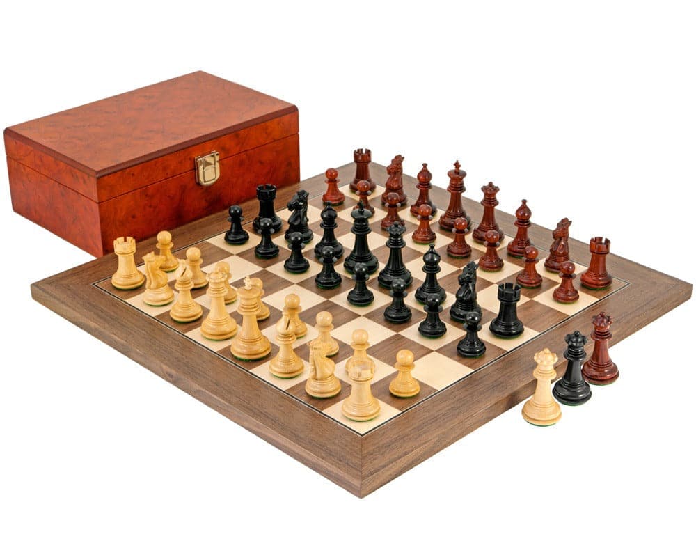 Madrid Tres Corone Ebony, Padauk, Walnut Chess Set with Walnut and Maple Board, Billiard Cloth Bases, and Burl Effect Case