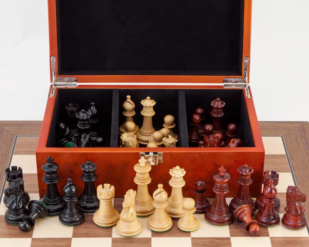 Handcrafted Madrid Tres Corone Chess Set with Walnut and Maple Board, Exotic Hardwood Pieces, and Burl Effect Case