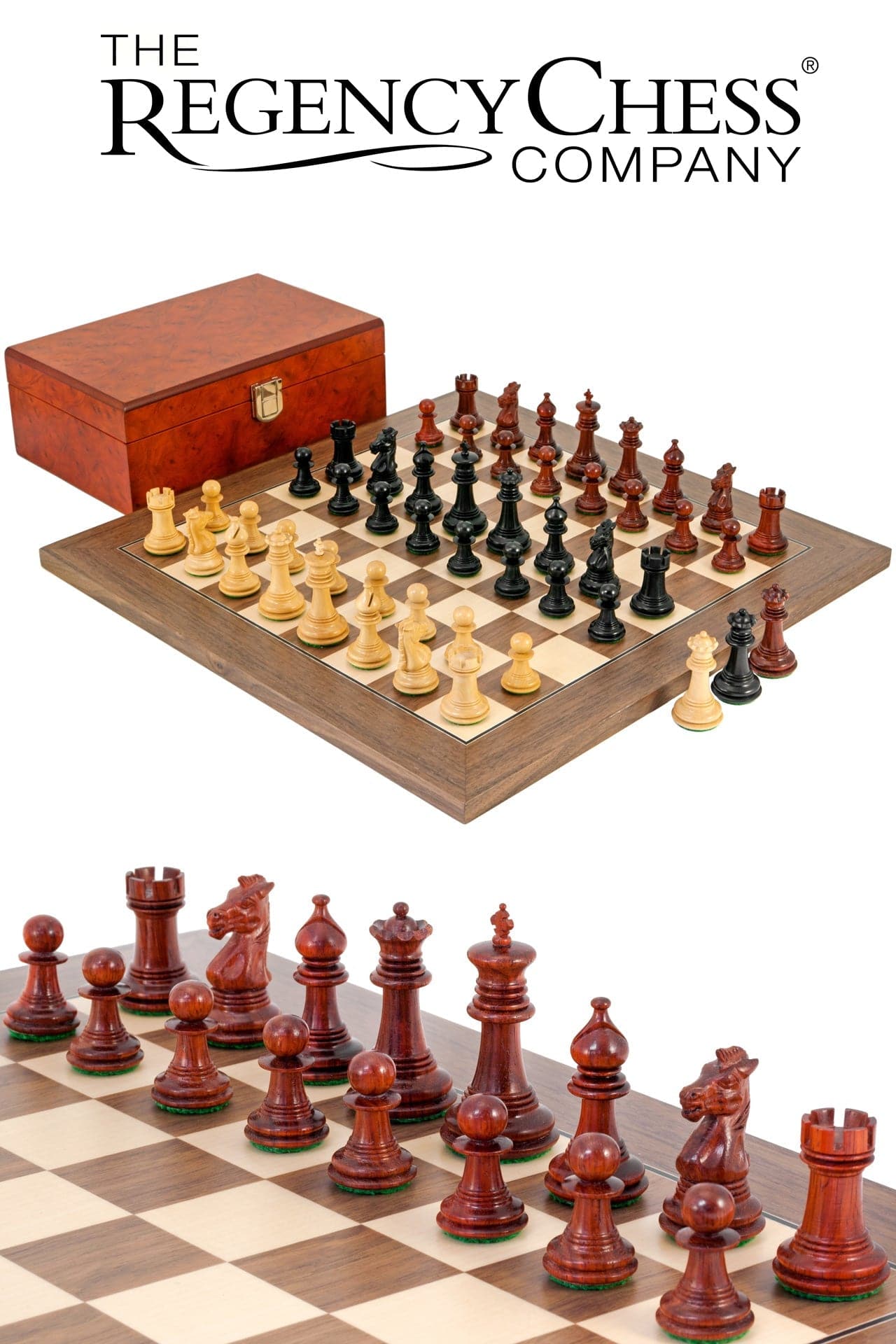 Madrid Tres Corone Chess Set with Ebony, Padauk, and Walnut pieces, displayed on a walnut and maple board with a burl effect case.