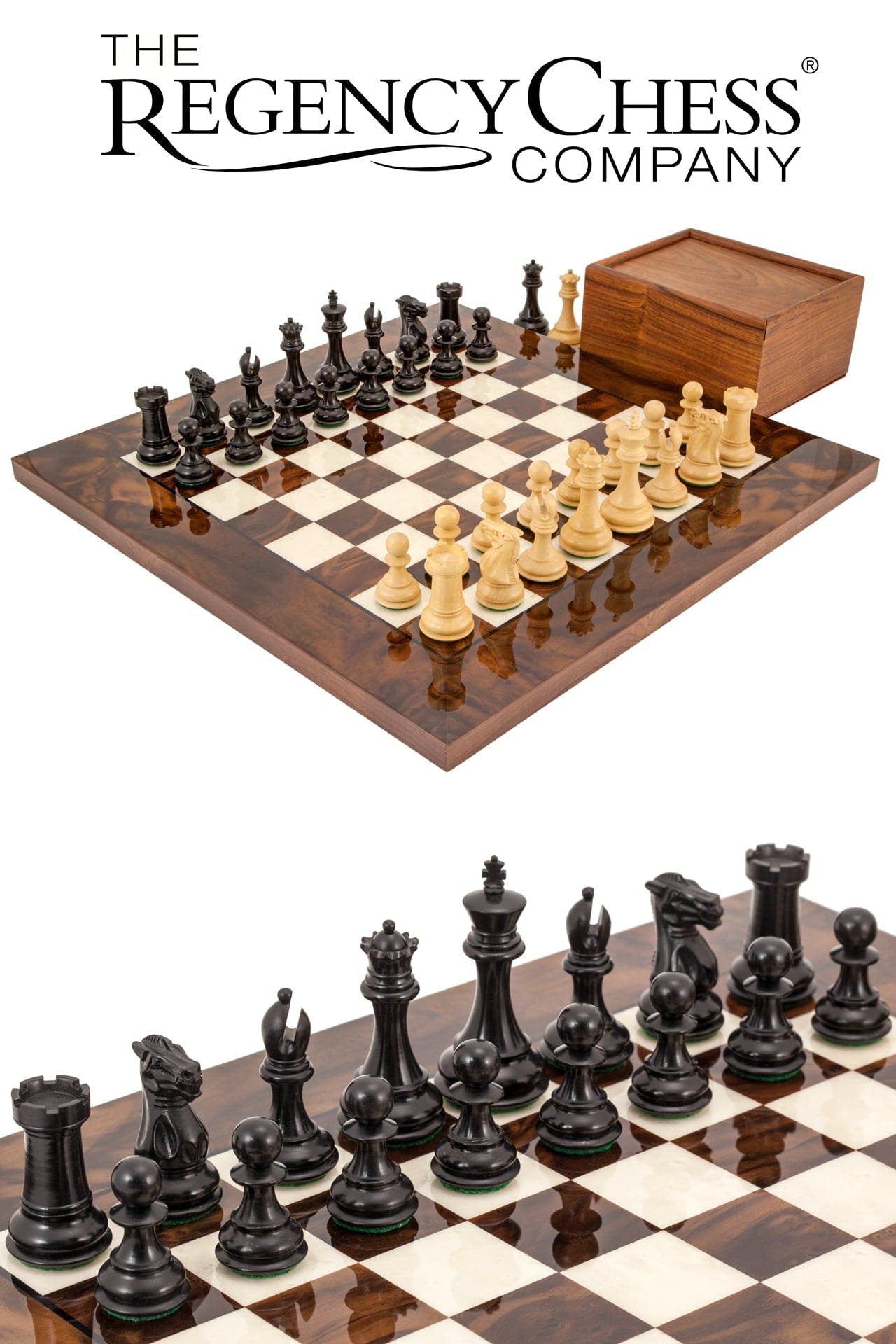 Highclere Ebony and Walnut Luxury Chess Set with Mahogany and Birch board from The Regency Chess Company