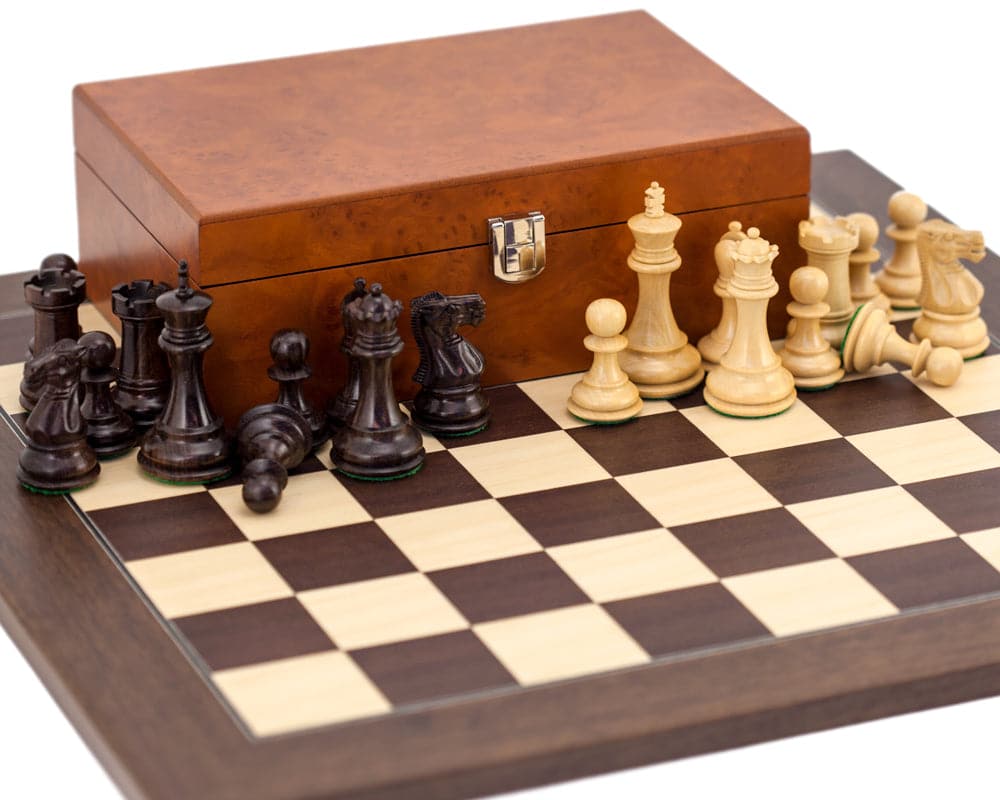 Windsor Rosewood and Montgoy Palisander Chess Set with burl effect case on chessboard