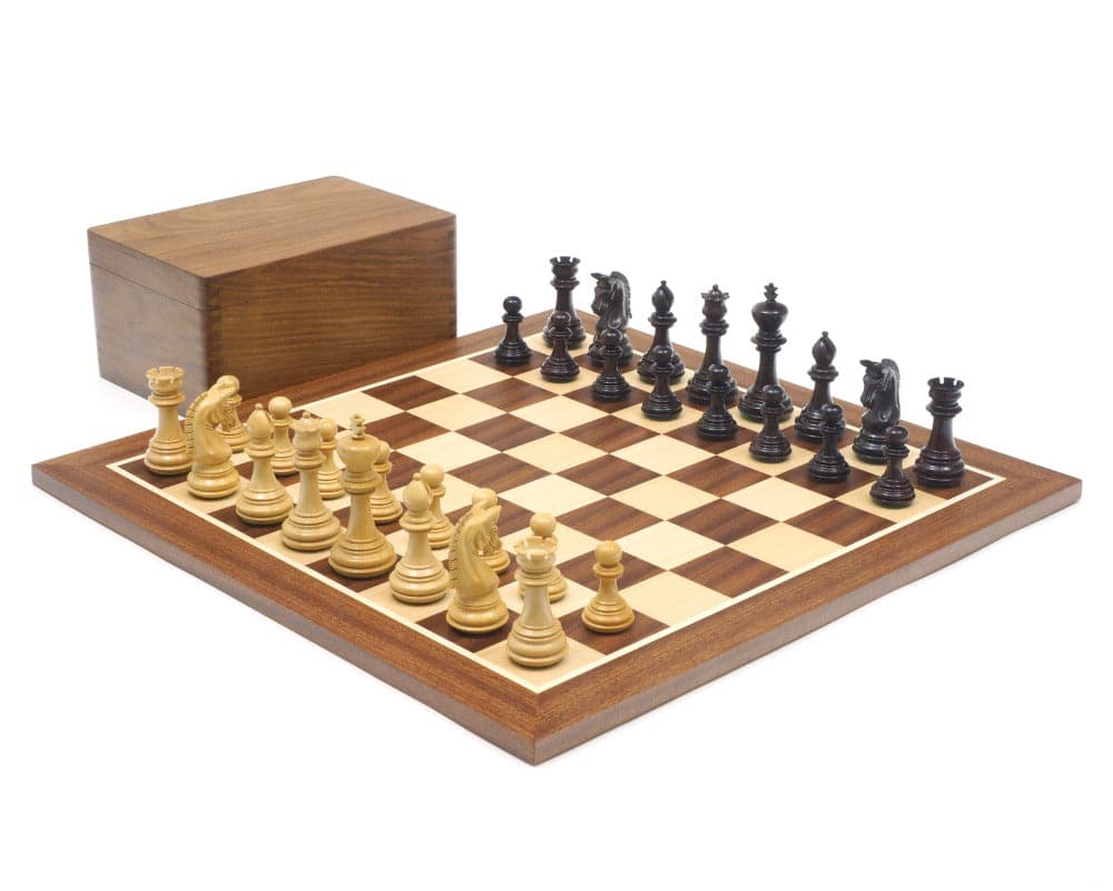 The Imperial Knight Rosewood Mahogany Chess Set displayed with elegant wooden box.