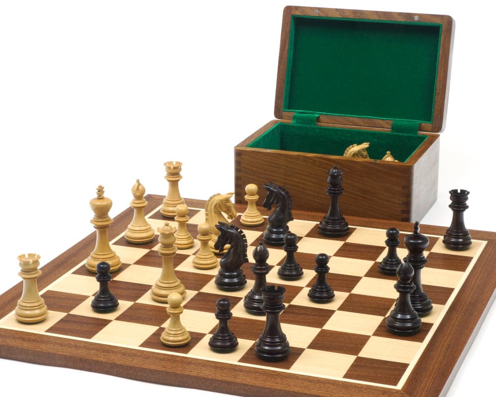 The Imperial Knight Rosewood Mahogany Chess Set with open wooden storage box and chess pieces arranged on the board.