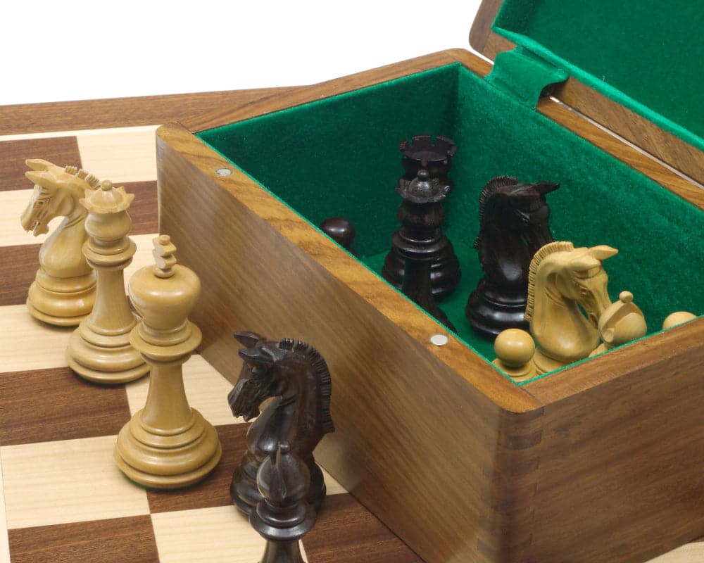 The Imperial Knight Rosewood Mahogany Chess Set with chess pieces in open wooden box on chessboard