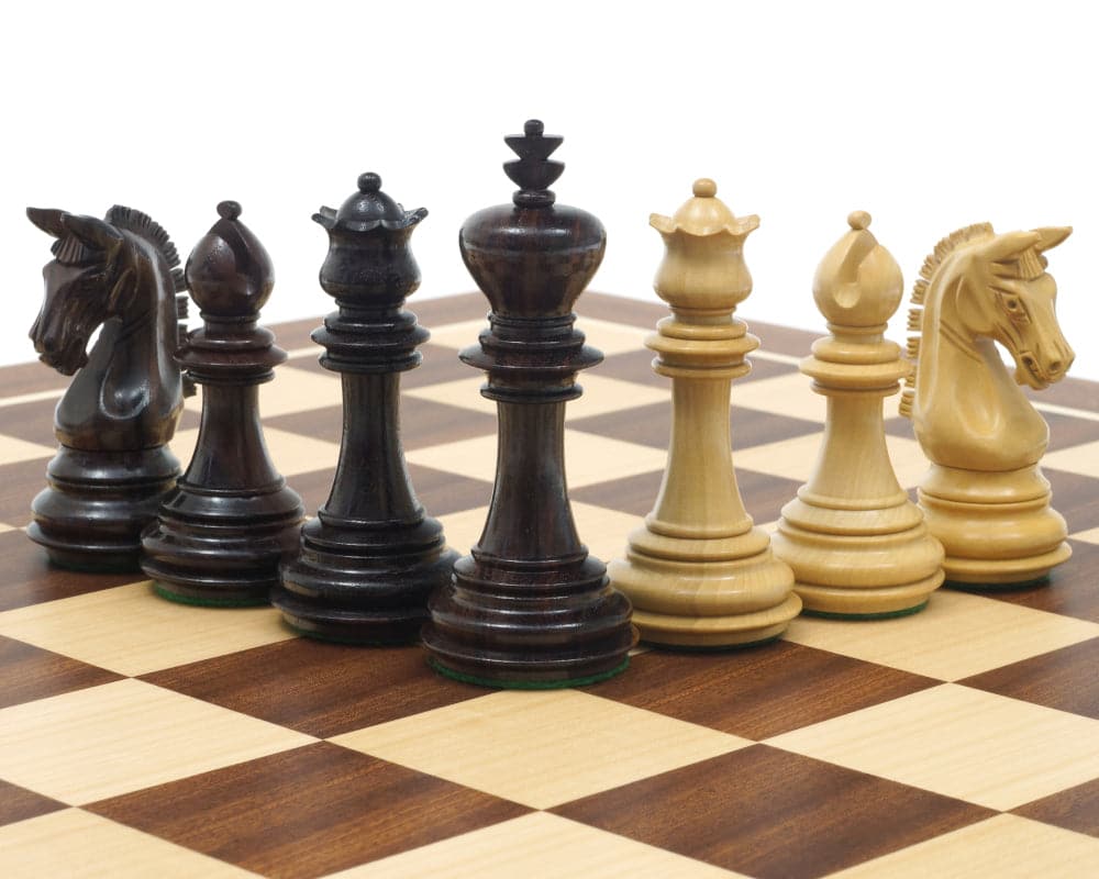 The Imperial Knight Rosewood Mahogany Chess Set pieces on a wooden chessboard.