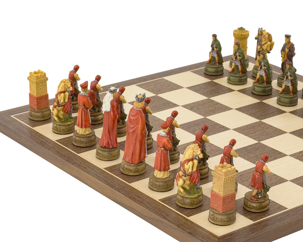 Camelot-themed hand-painted chess set by Italfama, featuring detailed medieval figures on a wooden chessboard.