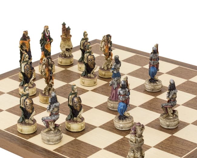 Zombie Hand Painted Chess Set with felted bases on 16 inch ornate board beautifully crafted in Italy, featuring 3 inch intricate pieces.