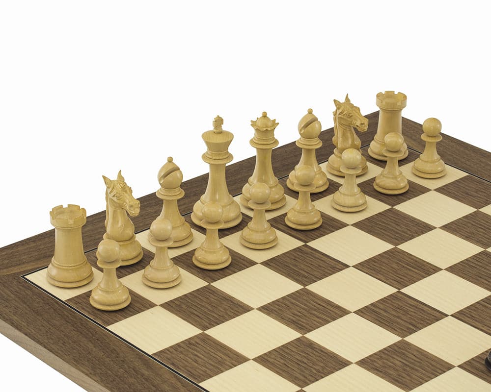 The Columbus Ebony and Walnut Chess Set on 21.7-inch Walnut and Maple Board with Ornate Staunton Design Pieces.