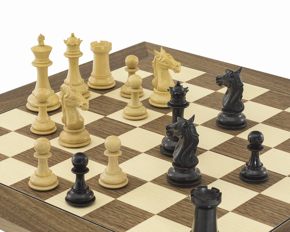 Columbus Ebony and Walnut Chess Set on 21.7 inch walnut and maple board with Staunton design pieces.