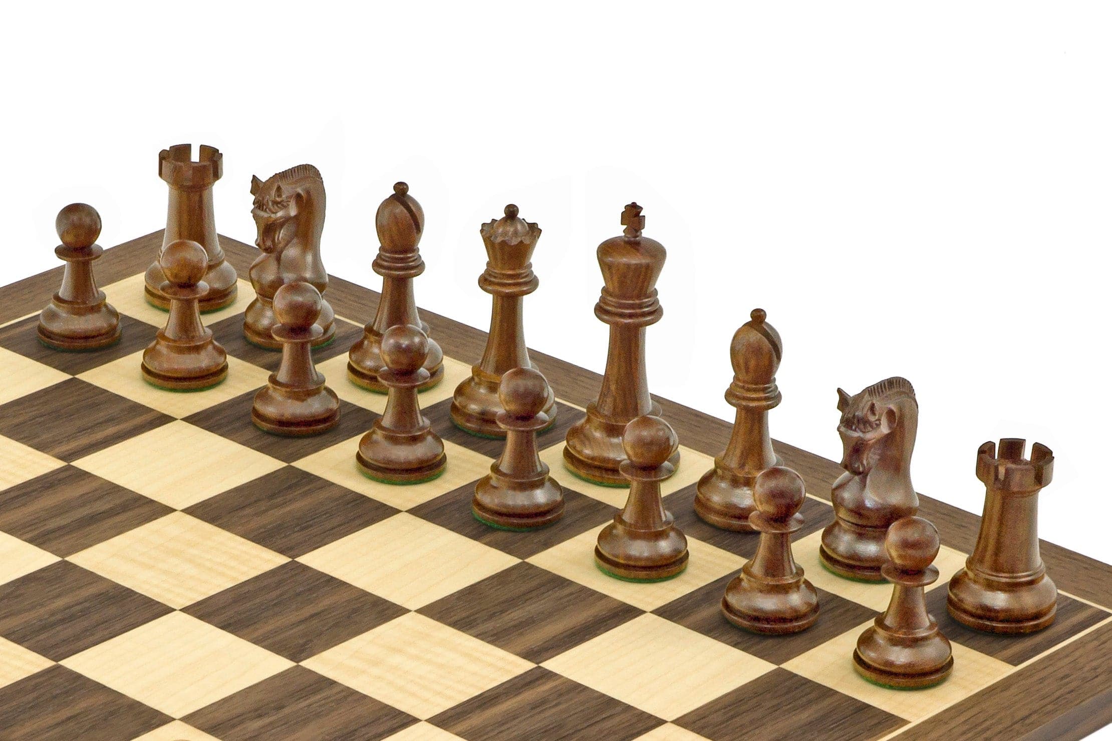 The Leningrad Acacia and Walnut Chess Set with 2.75 inch king and 15.75 inch mahogany chess board from Spain