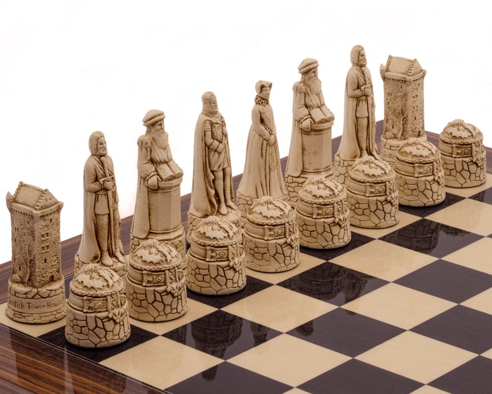 Scottish Russet Palisander chess set with stone crushed resin pieces featuring historical characters on a Black Anegre and Palisander board