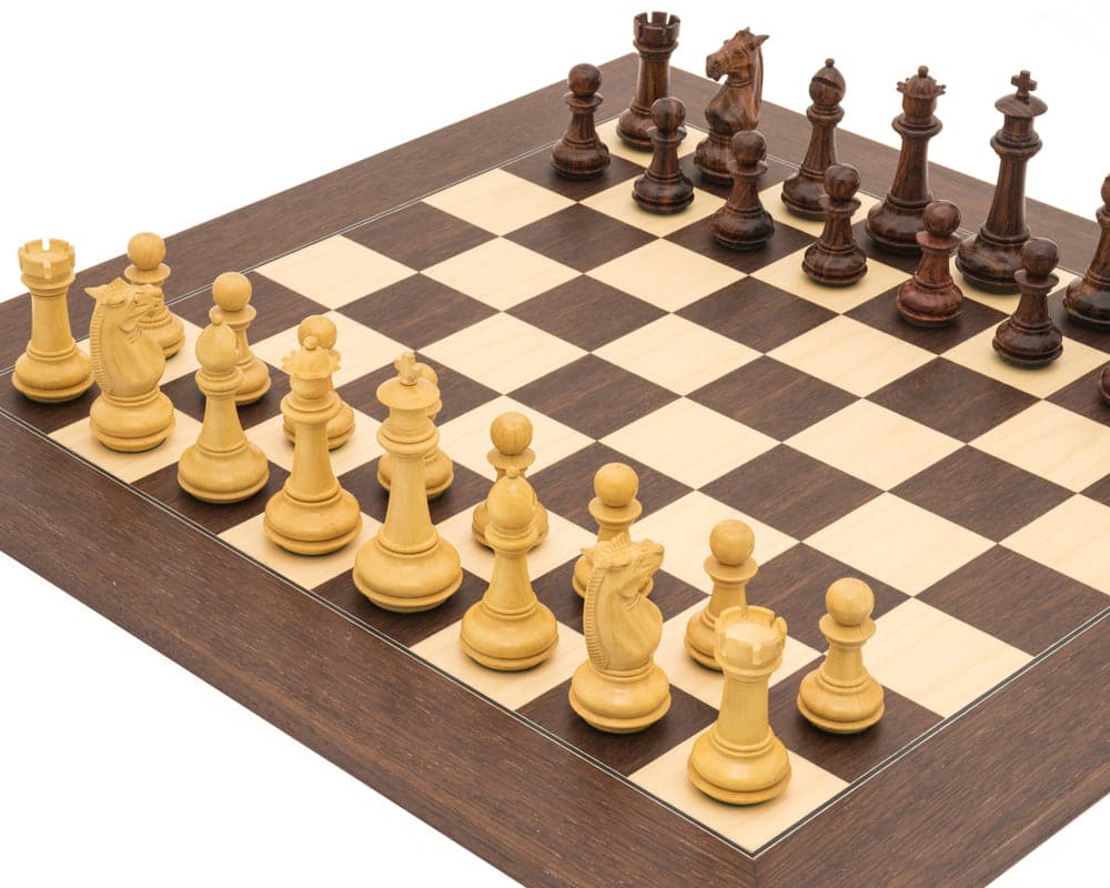 The Templar Palisander Luxury Chess Set with wooden pieces arranged on a high-quality chessboard.