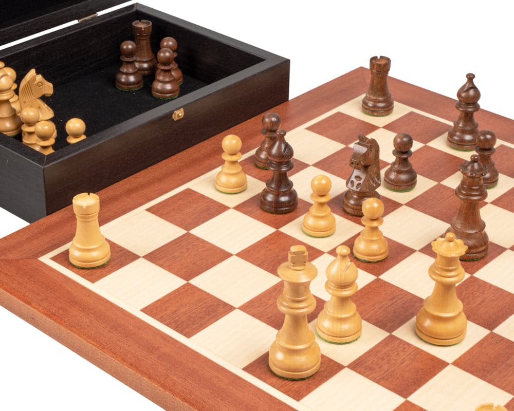 The Down Head Acacia Championship Chess Set with mahogany board and weighted wooden chessmen in a wooden case.