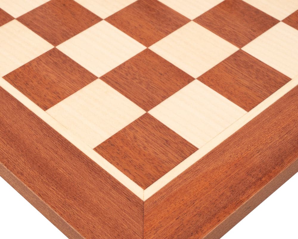 Close-up of The Down Head Acacia Championship Chess Set mahogany chessboard corner.