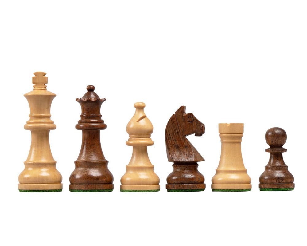 Acacia and boxwood championship chess pieces from the Down Head Acacia Championship Chess Set, featuring weighted wooden chessmen.