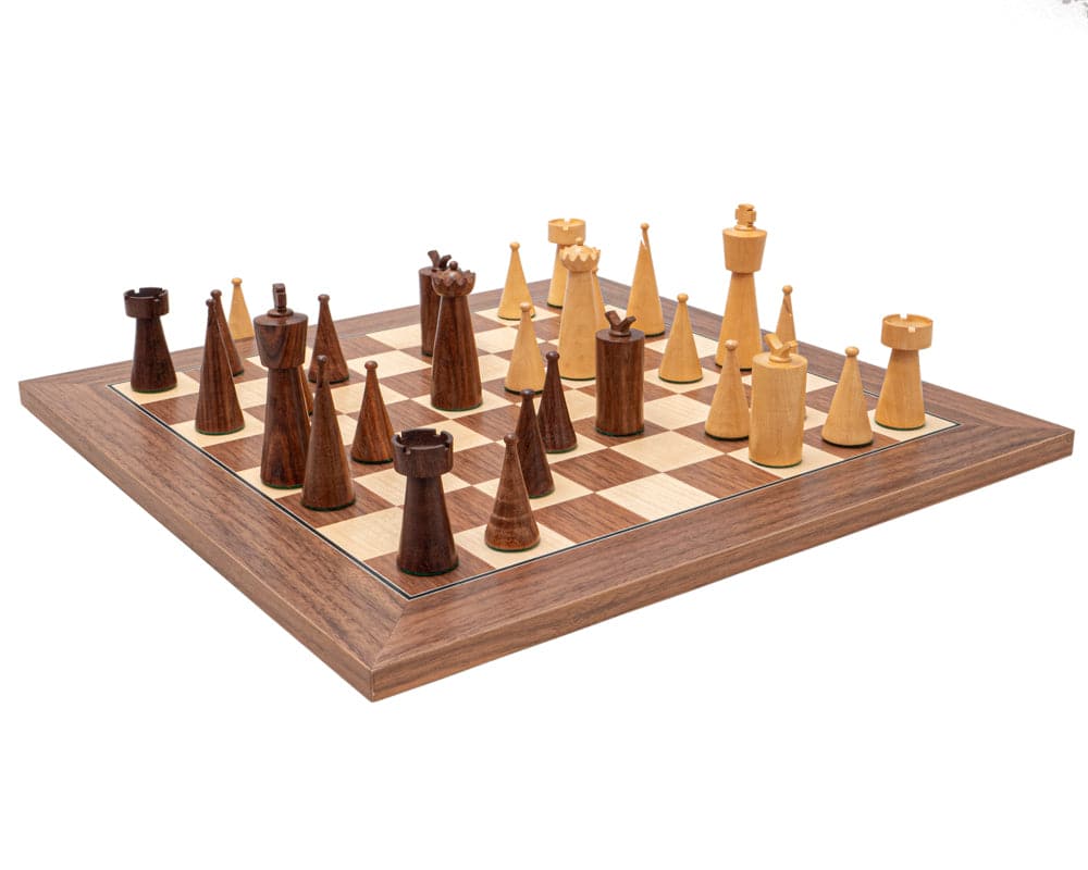 Art Deco Sheesham and Walnut Chess Set with Contemporary Pieces on Walnut and Maple Board