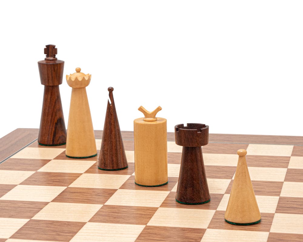 Art Deco Sheesham and Walnut Chess Set with contemporary and minimalist chess pieces on a walnut and maple board.