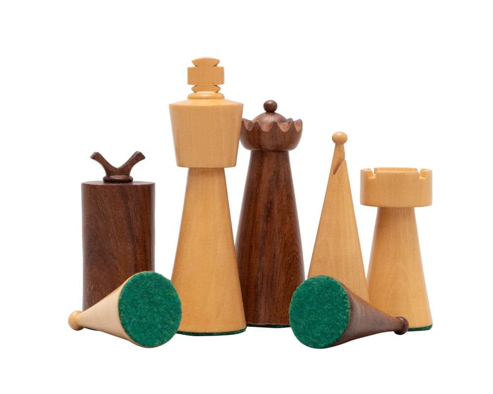 Art Deco Sheesham and Walnut Chess Set pieces crafted from golden rosewood and boxwood, including a 3.5" king, weighted and felted.