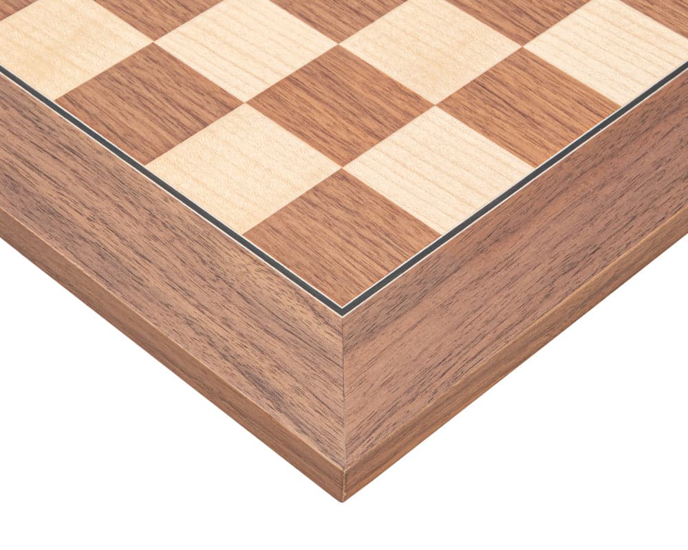 Close-up of walnut and maple chess board corner, featuring chic Art Deco design and expert craftsmanship.