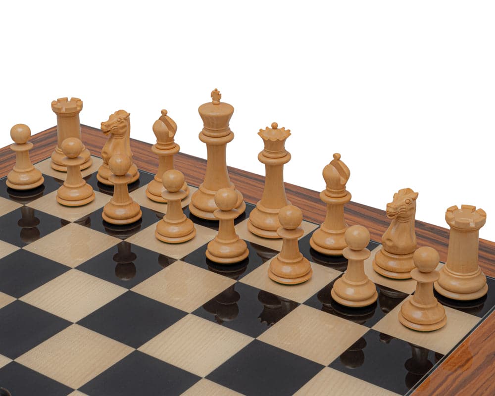 Luxury Staunton Reproduction Chess Set in natural boxwood on a black and white chessboard