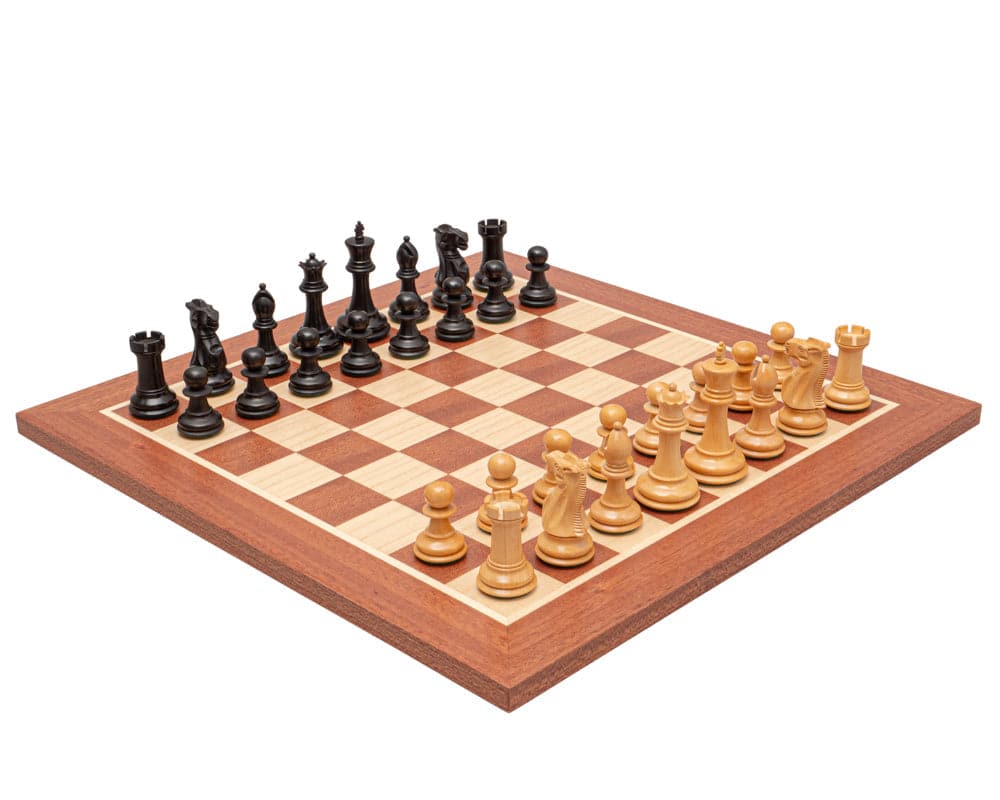 The Warwick Black and Mahogany Chess Set with Staunton design, featuring 3 inch king and 15.75 inch mahogany board with 1.5 inch squares.