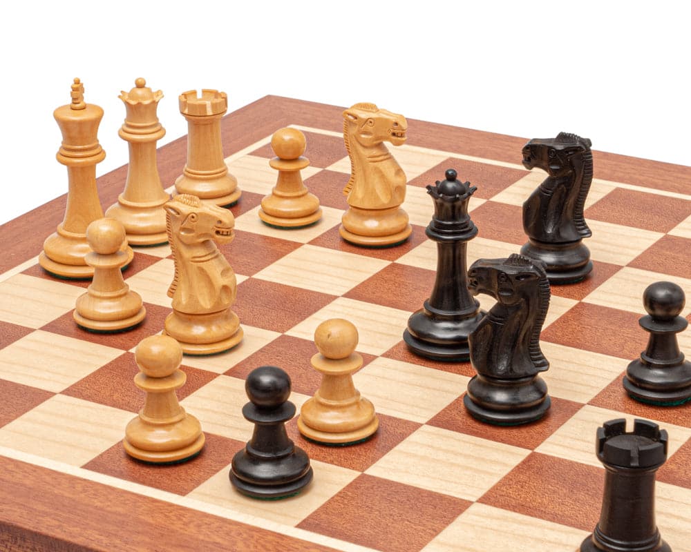 The Warwick Black and Mahogany Chess Set with Classic Staunton Design and 3-inch King on a 15.75-inch Mahogany Board with 1.5-inch Squares.