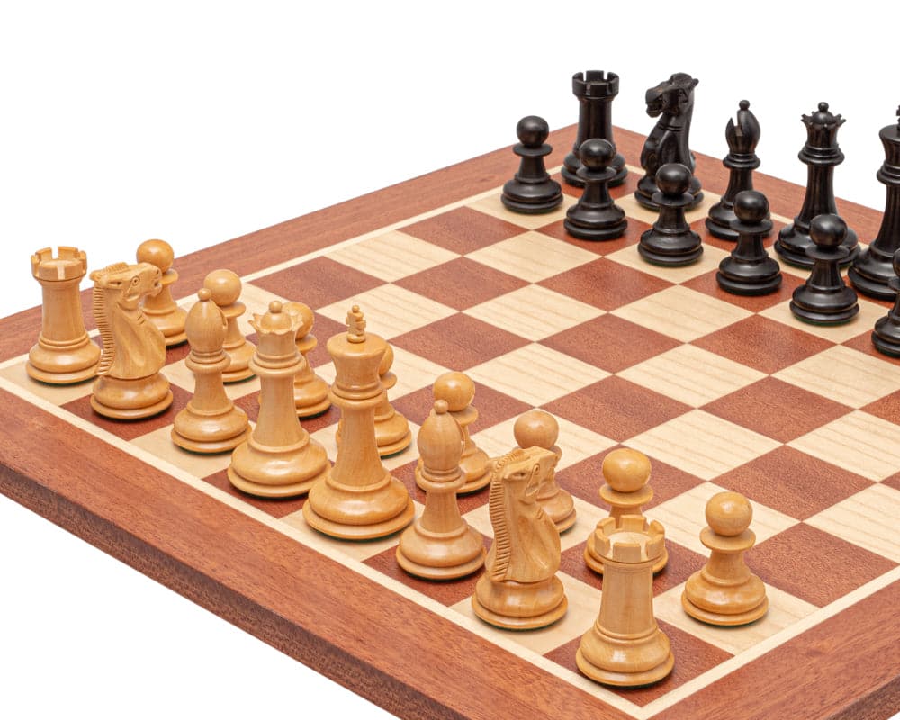 The Warwick Black and Mahogany Chess Set with Classic Staunton design, 3-inch king, and 15.75-inch mahogany board with 1.5-inch squares