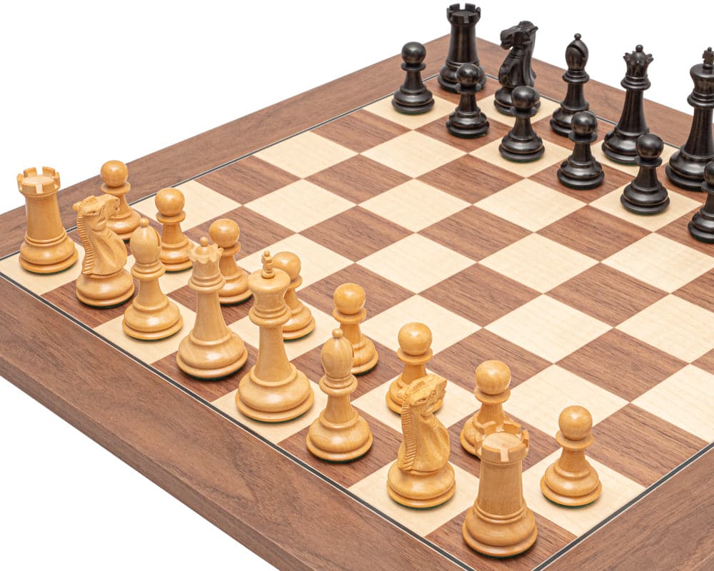 The Warwick Grand Black and Walnut Chess Set on 17.75 inch Spanish board with 1.75 inch squares, featuring 3.25 inch Staunton pieces.