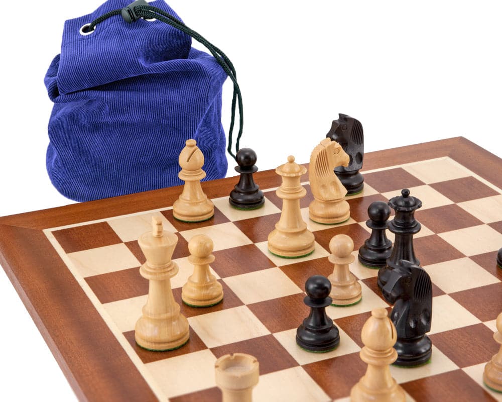 Down Head Black Mahogany Chess Set with bag on 15.75 inch chess board with 3.25 inch king and felted pieces.