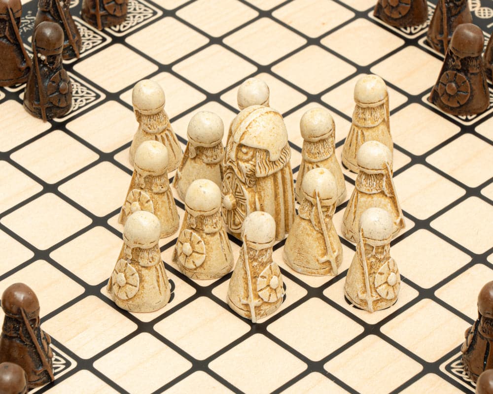 Hnefatafl Viking Game Deluxe Edition with detailed ivory and brown pieces on a finely inlaid 15.75 inch board