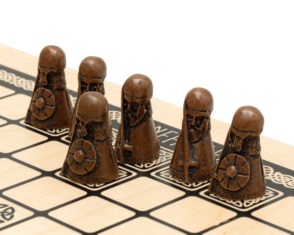 Viking game pieces on a finely inlaid Hnefatafl board with 1.55 inch squares, part of the Deluxe Edition 15.75 inch mahogany Viking game set