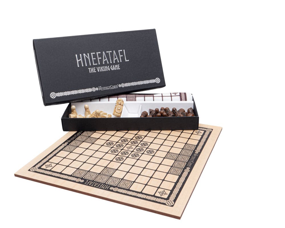 Hnefatafl - The Viking Game Deluxe Edition with finely inlaid 15.75 inch board and playing pieces in an open box.