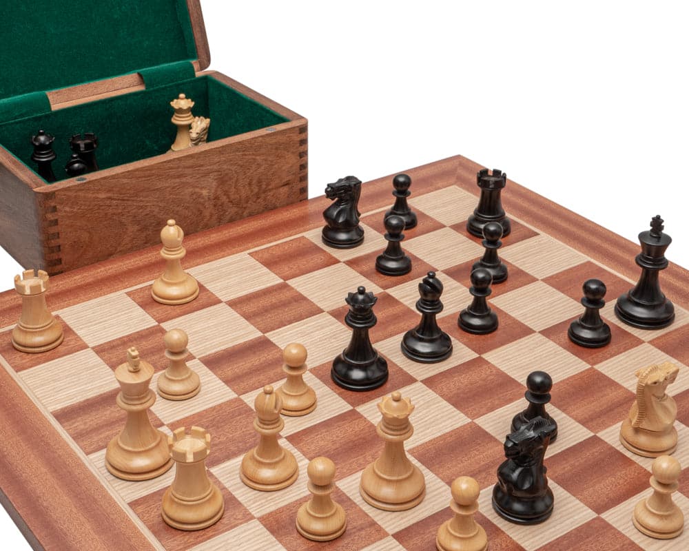 Tournament Black and Mahogany Chess Set with Case on a 20-inch Mahogany and Birch board with traditional Staunton design chess pieces.