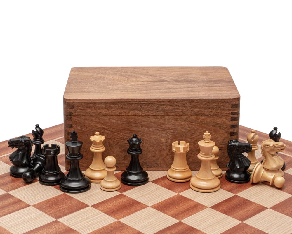 The Tournament Black and Mahogany Chess Set with Case on Greek-made Mahogany and Birch Veneer Board