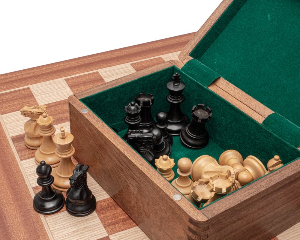 The Tournament Black and Mahogany Chess Set with case, displaying weighted chessmen on a 20-inch board with mahogany and birch veneers.