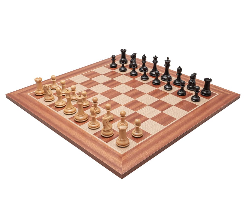 The Sovereign Black and Mahogany Staunton Chess Set on a 20 inch Greek mahogany and birch veneer board with ebonised and natural boxwood pieces.