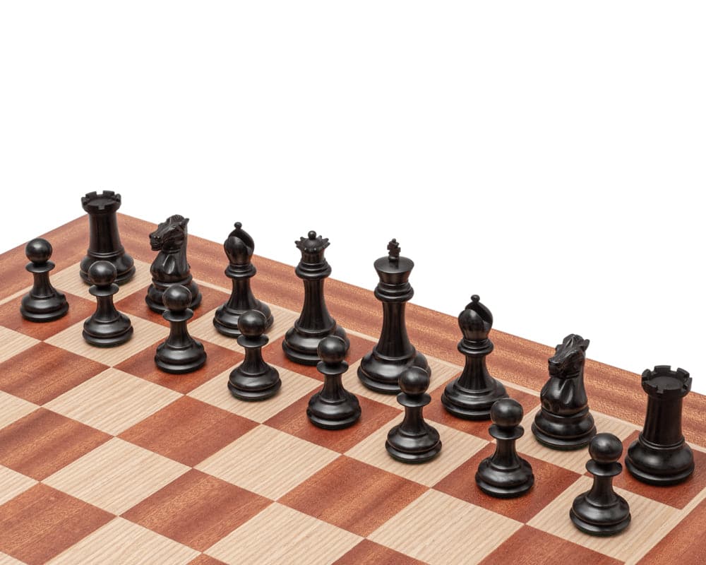 The Sovereign Black and Mahogany Staunton Chess Set with ebonised boxwood chess pieces on a 20-inch board with 2-inch squares.