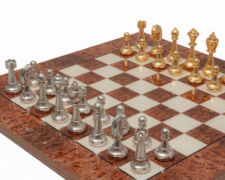 Luxury Messina Gold and Briarwood Italian Chess Set with gold and silver plated pieces on a 16.75 inch briarwood and elm board.