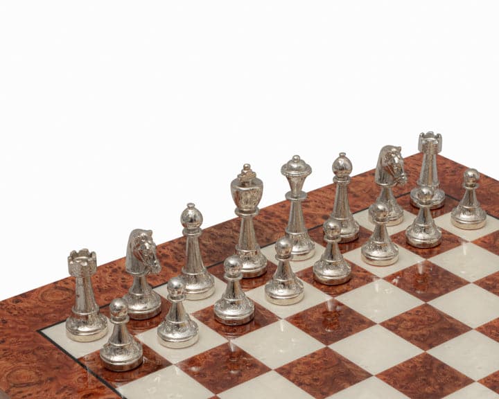 Luxury Italian chess set with gold and silver plated pieces on a briarwood and elm board with billiard cloth bases