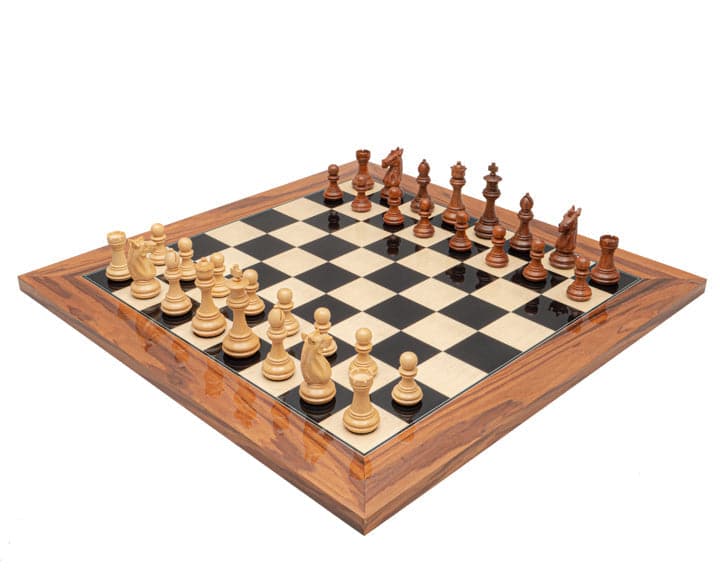 The Trapani Golden Rosewood and Black Anegre Chess Set on a 19.7 inch glossy board with 2 inch squares, featuring a 3.35 inch king.