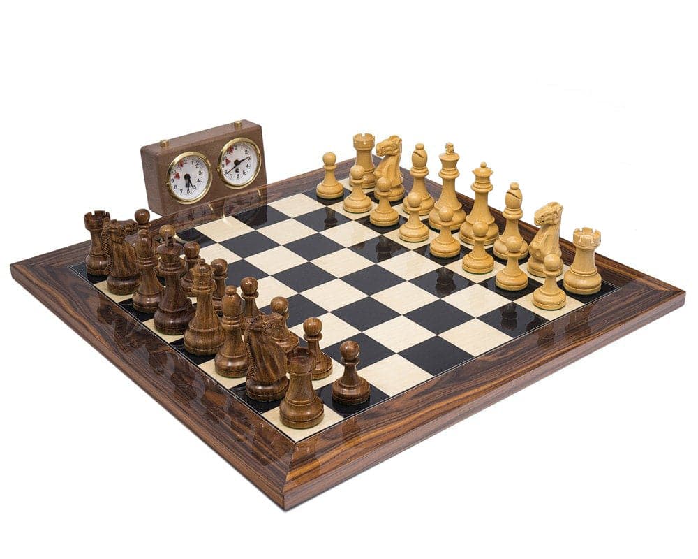 The Broadbase Teak and Palisander Chess Set with Clock on high gloss board ready for play