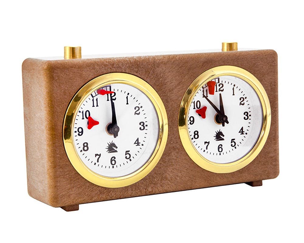 High-quality chess clock with dual dials and gold trim, ideal for chess enthusiasts.