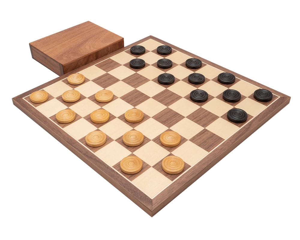 Traditional chess and draughts set with classic Staunton design, boxwood draught counters, on high-quality walnut and maple board.