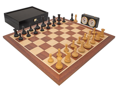 The JJ Cooke Edition Black and Mahogany Chess Set with Case and Clock