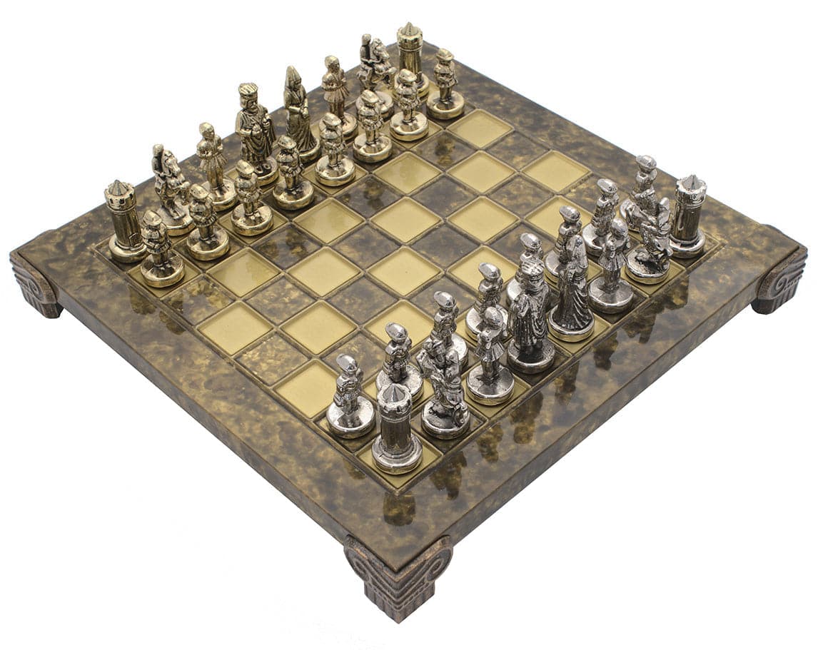 The Manopoulos Byzantine Empire Chess Set with intricately designed pieces on a luxurious brown wooden board - COMPACT