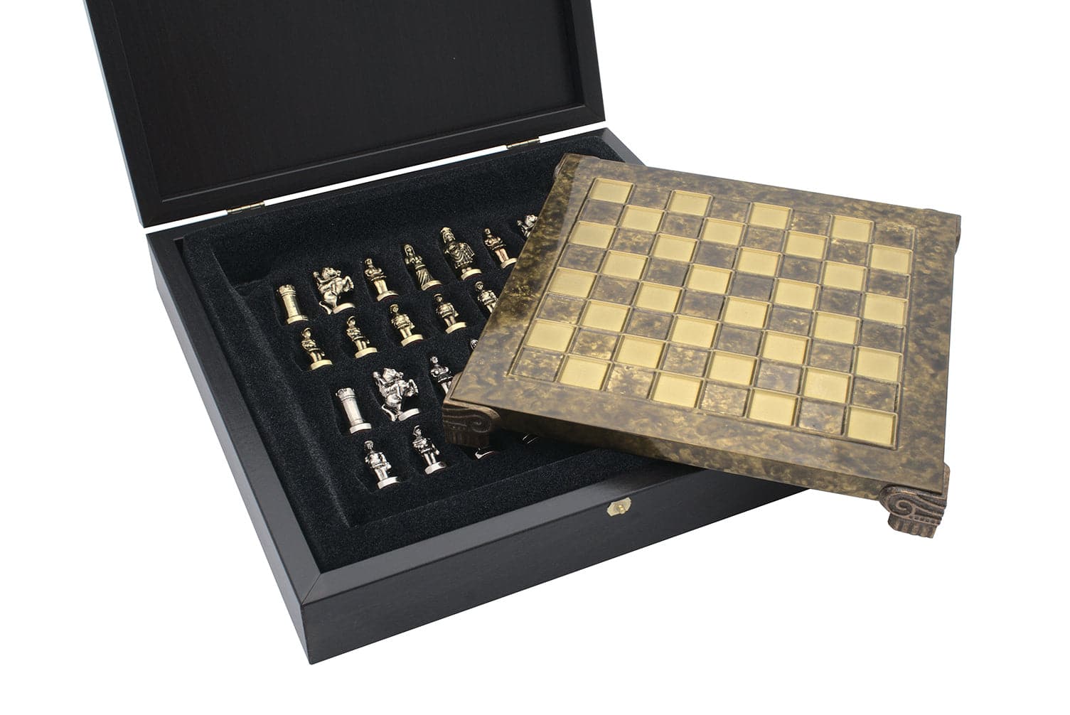 The Manopoulos Byzantine Empire Chess Set with Wooden Case in brown, showing compact design and detailed chess pieces