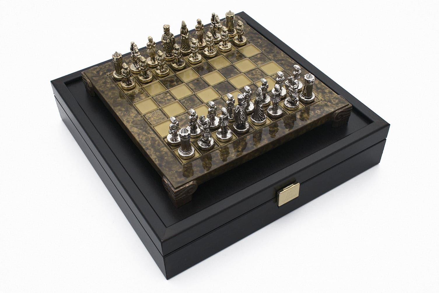 The Manopoulos Byzantine Empire Chess Set with Wooden Case in Brown - COMPACT. Luxury chess set on black case.