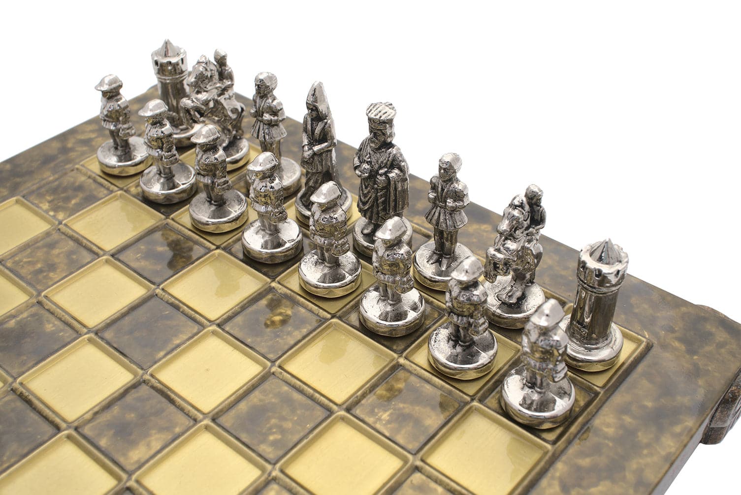 Manopoulos Byzantine Empire Chess Set with metal pieces on brown wooden board