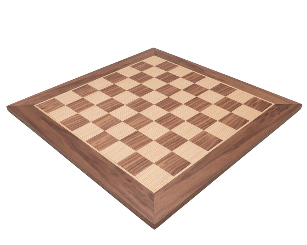 20 inch Manopoulos walnut chess board with cream and red playing surface, made in the UK, featuring deluxe Spanish wooden craftsmanship.