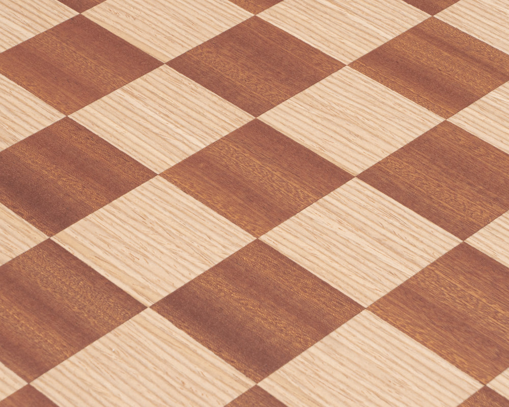 Close-up of 20 Inch Manopoulos Mahogany Chess Board with traditional checkered design in light and dark wood tones.